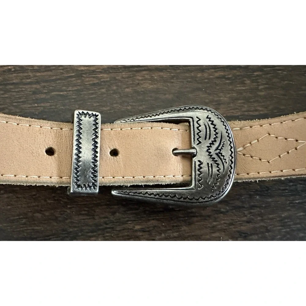 Vintage Western Genuine Leather Belt Tan Engraved Buckle Tip‎ Keeper 34 36 USA